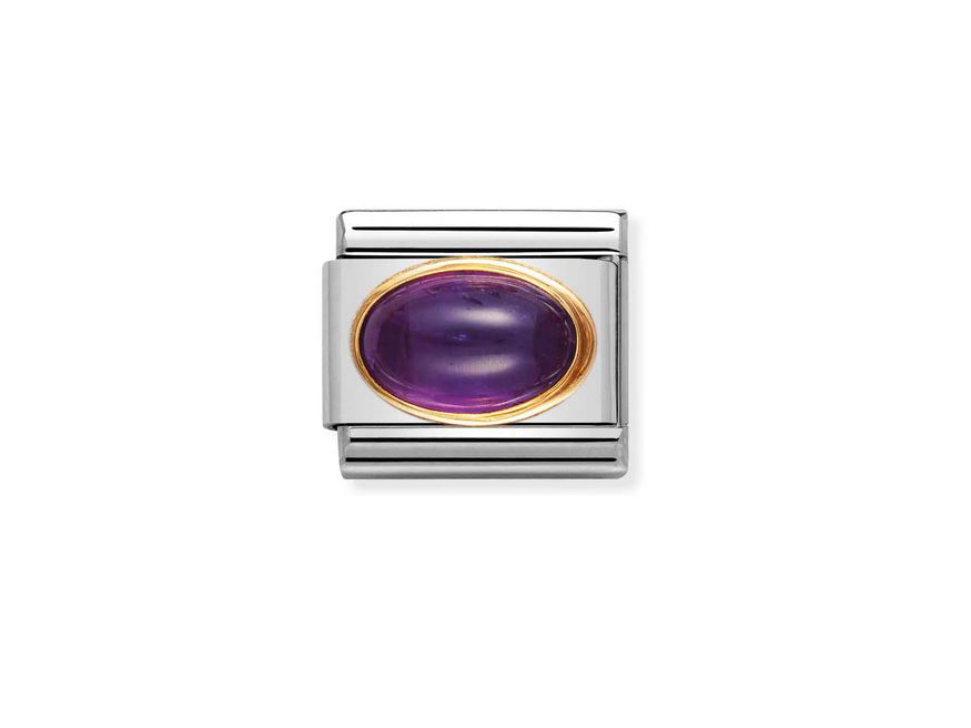 Das Bild zeigt das NOMINATION Classic OVAL AMETHYST Element 030504 02 mit einem ovalen Amethyst in einem goldenen Rahmen, umgeben von silbernem Metall, ideal für Schmuckliebhaber.
