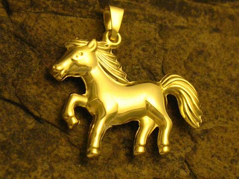 Pferd galoppierend glänzend Anhänger Gold 333, Hersteller Juwelier Harnisch, hübsches Schmuckstück mit tierischem Motiv ideal für Tierliebhaber.