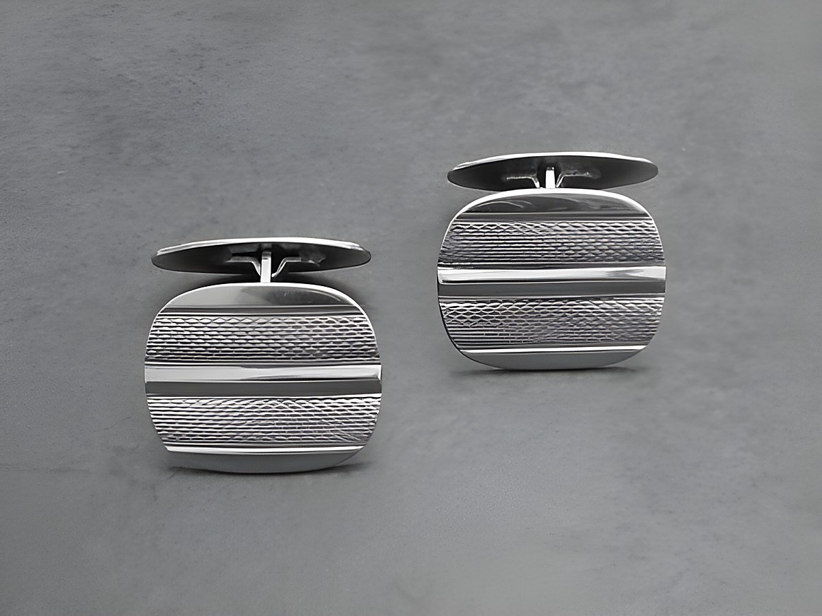 Original 60er Echt Silber Manschettenknöpfe NEU Hersteller Juwelier Harnisch Echt Silber, stilvolles Design mit Streifen und Struktur, perfekt für schicke Anlässe.