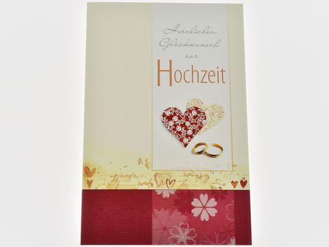 Hochzeitskarte mit dekorativen Herzen und Eheringen, in sanften Farben gehalten, mit dem Schriftzug Herzlichen Glückwunsch zur Hochzeit, Hersteller Juwelier Harnisch.