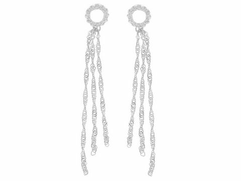 Zarte Ohrringe Stecker in Silber rhodiniert mit einem Kreis und Kettchen, verziert mit Zirkonia, hergestellt von Juwelier Harnisch. Elegantes Design für jeden Anlass.
