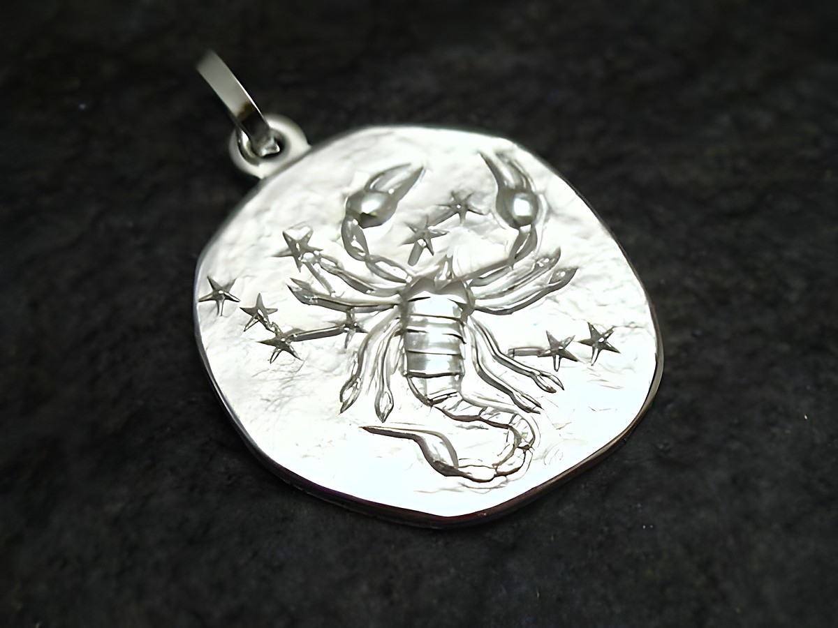 Skorpion Sternzeichen Anhänger aus Sterling Silber rhodiniert, gefertigt vom Juwelier Harnisch, mit detaillierter Darstellung eines Skorpions und umgebenden Sternen.