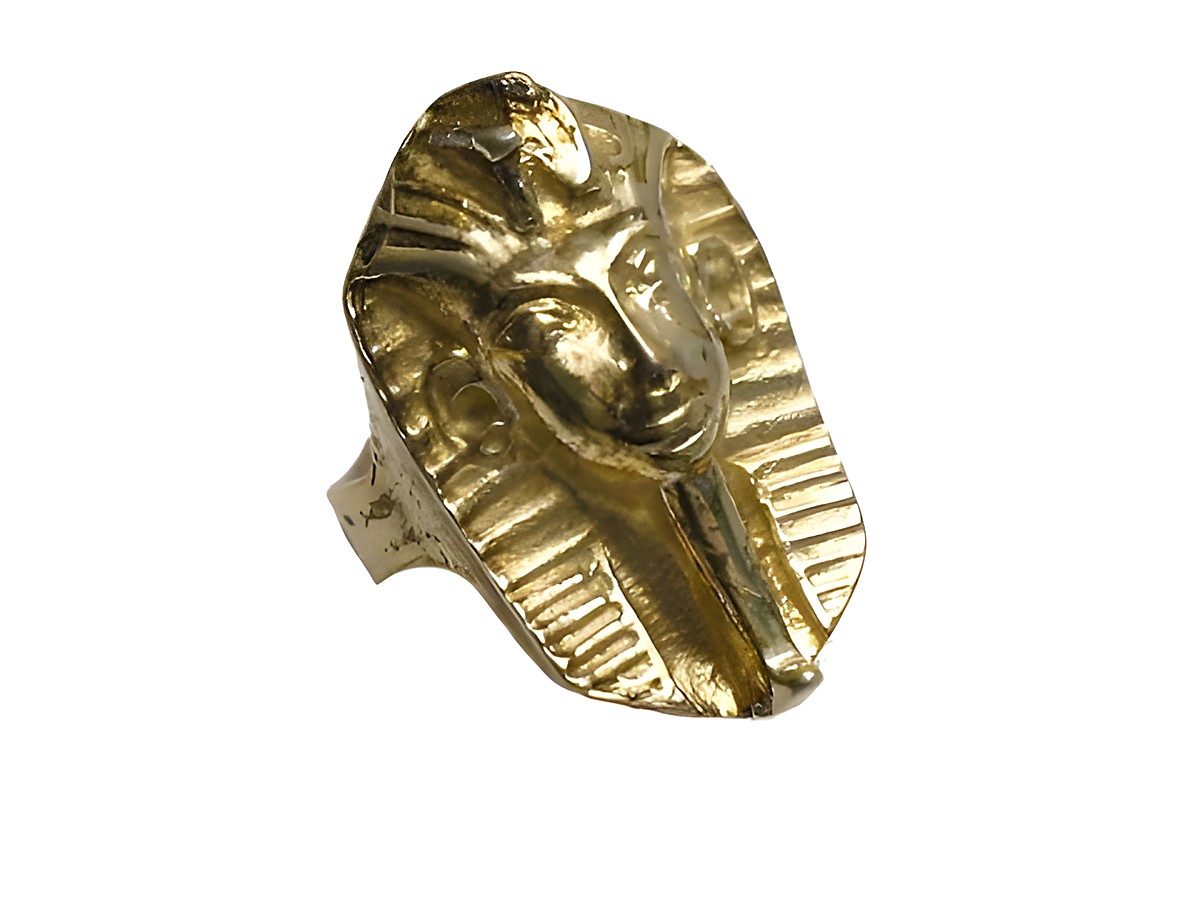 Sphinx Ring verstellbar Silber vergoldet kunstvoll Hersteller Juwelier Harnisch ohne Stein, zeigt eine detailreiche Darstellung eines Sphinx-Kopfes. – Ansicht 2