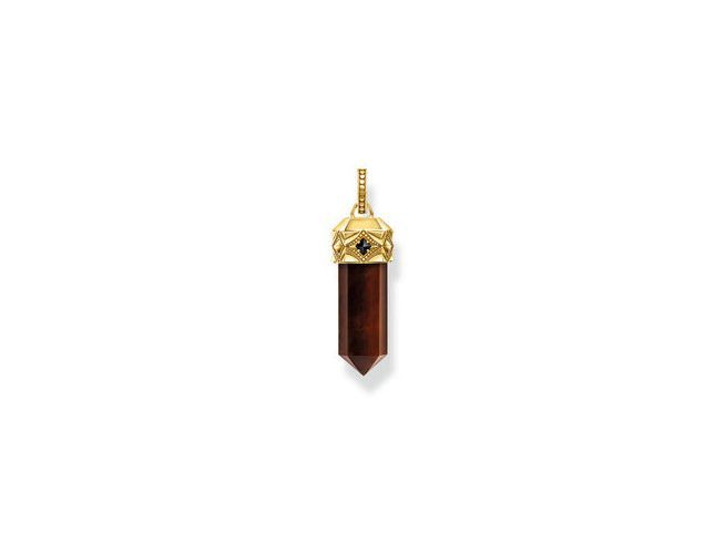 Anhänger aus Silber mit Vergoldung in Gelbgold, verziert mit Zirkonia und einem Kristall aus rotem Tigerauge, spitz zulaufend, elegantes Design von Thomas Sabo.