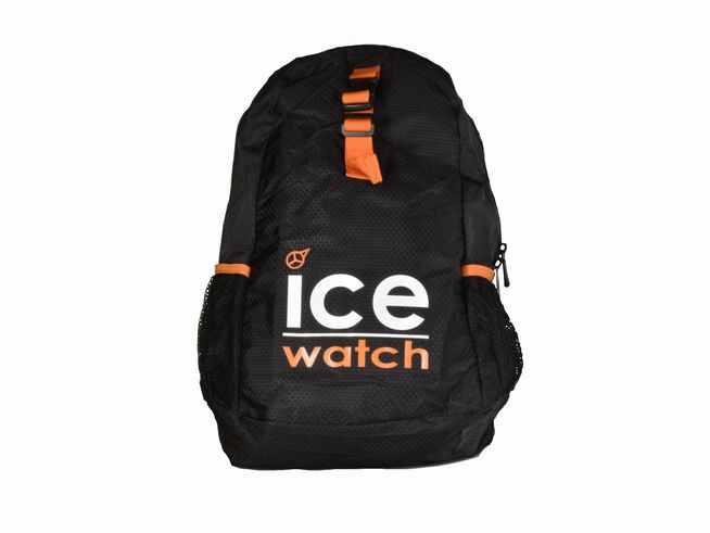 57350227-0 Faltbarer ICE WATCH Rucksack in Schwarz und Orange mit großem Logo, praktischem Reißverschluss und seitlichen Netztaschen, ideal für Freizeitaktivitäten und unterwegs.