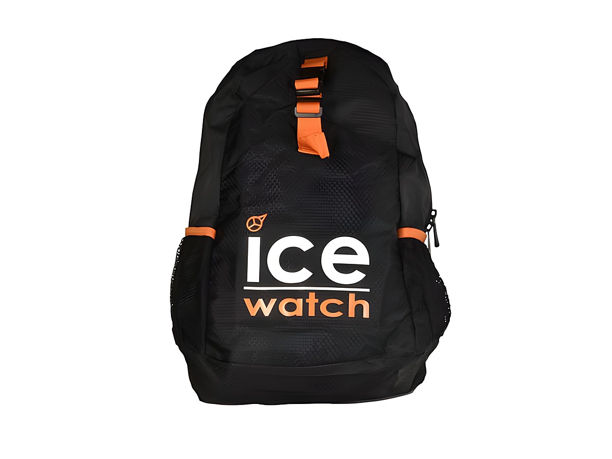 Faltbarer ICE WATCH Rucksack in Schwarz und Orange mit großem Logo, praktischem Reißverschluss und seitlichen Netztaschen, ideal für Freizeitaktivitäten und unterwegs.