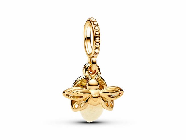 Pandora Glühwürmchen 769352C01 Firefly Gold in Gelbgold vergoldet, leuchtet im Dunkeln, zeigt eine detailreiche Biene mit transparentem Körper und einem funkelnden Glanz.
