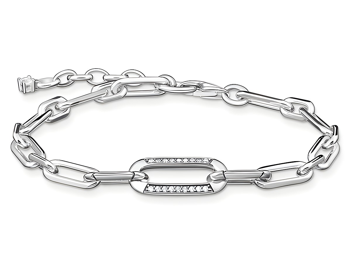 Ein elegantes Thomas Sabo Armband aus Sterling Silber mit geschlossenen Gliedern und einem funkelnden Zirkonia-Element in der Mitte. Länge 19 cm, ideal für modische Akzente.