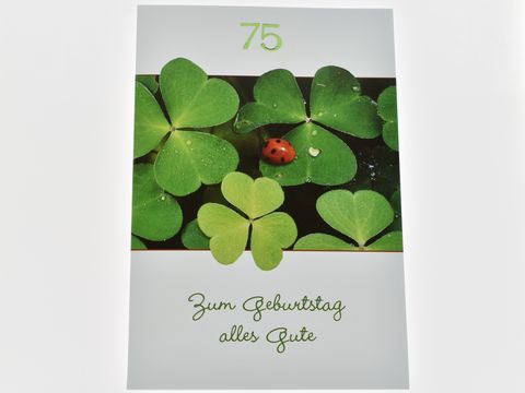 Geburtstagskarte für 75. Geburtstag mit Glücksklee und Marienkäfer, dekoriert mit dem Text Zum Geburtstag alles Gute, Hersteller Juwelier Harnisch.