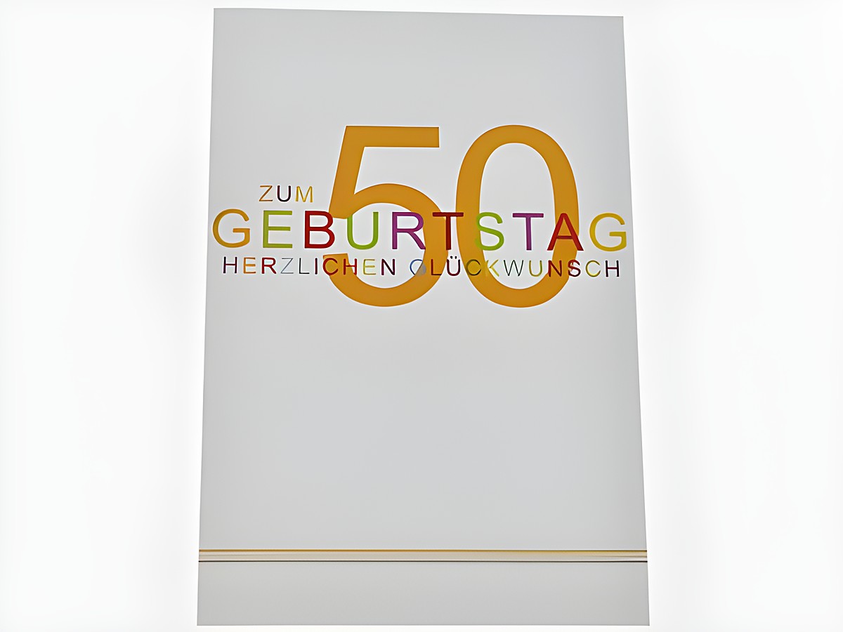 Schlichte Geburtstagskarte mit buntem Schriftzug zum 50. Geburtstag und der Aufschrift herzlichen Glückwunsch, Hersteller ist Juwelier Harnisch.