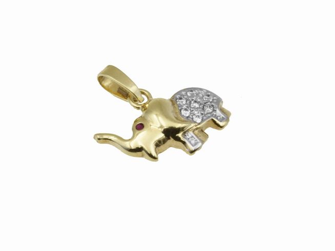 Ein polierter Elefant Anhänger aus 333 Gelbgold und Weißgold, verziert mit Zirkonia und einem Rubin. Hersteller ist Juwelier Harnisch. Ideal für Tierliebhaber.