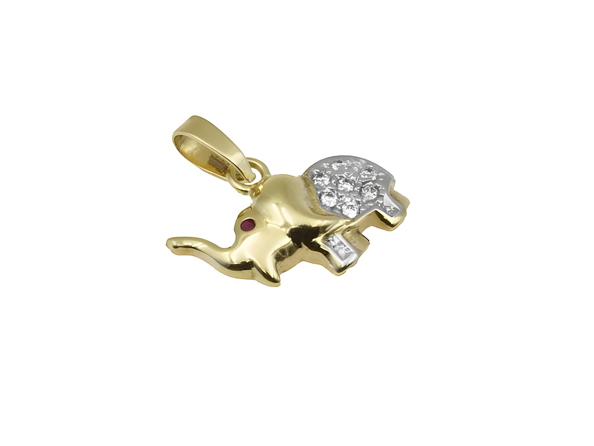 Ein polierter Elefant Anhänger aus 333 Gelbgold und Weißgold, verziert mit Zirkonia und einem Rubin. Hersteller ist Juwelier Harnisch. Ideal für Tierliebhaber.