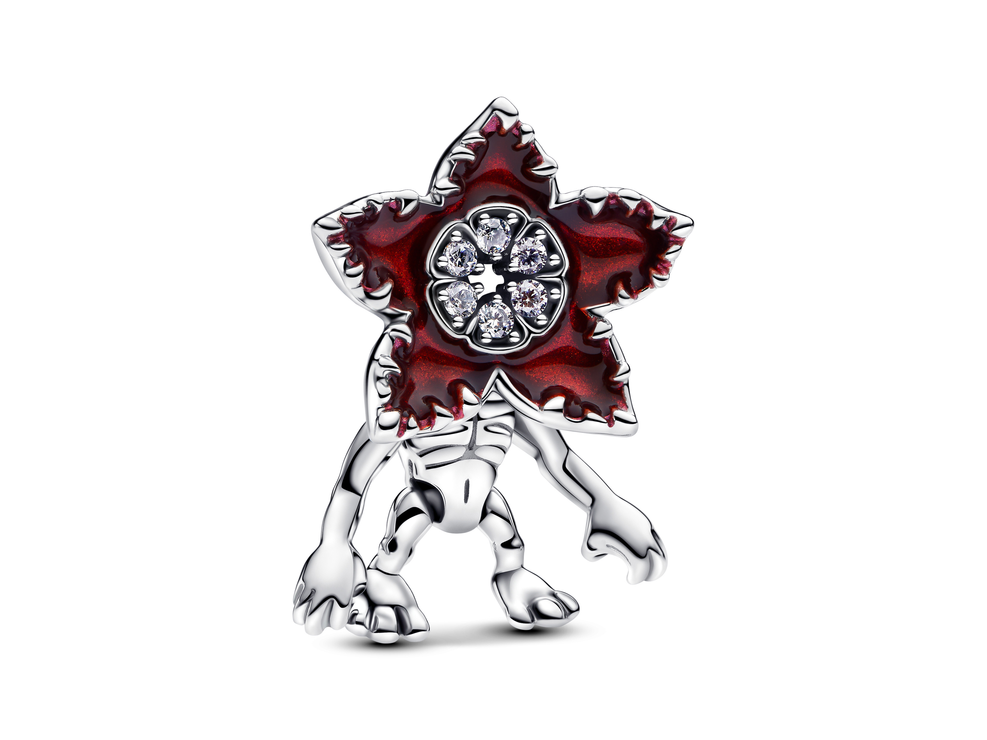 Pandora Charm 793562C01 aus Silber mit klarem Zirkonia, gestaltet als Pflanze aus der Serie Stranger Things - Project Red, mit roten und silbernen Elementen, detailreich und attraktiv.