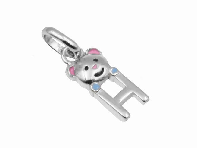 Teddy Anhänger in Form des Buchstabens H aus 925 Sterling Silber, poliert und rhodiniert, mit einer fröhlichen Gesichtsgestaltung und bunten Akzenten, hergestellt von Juwelier Harnisch.