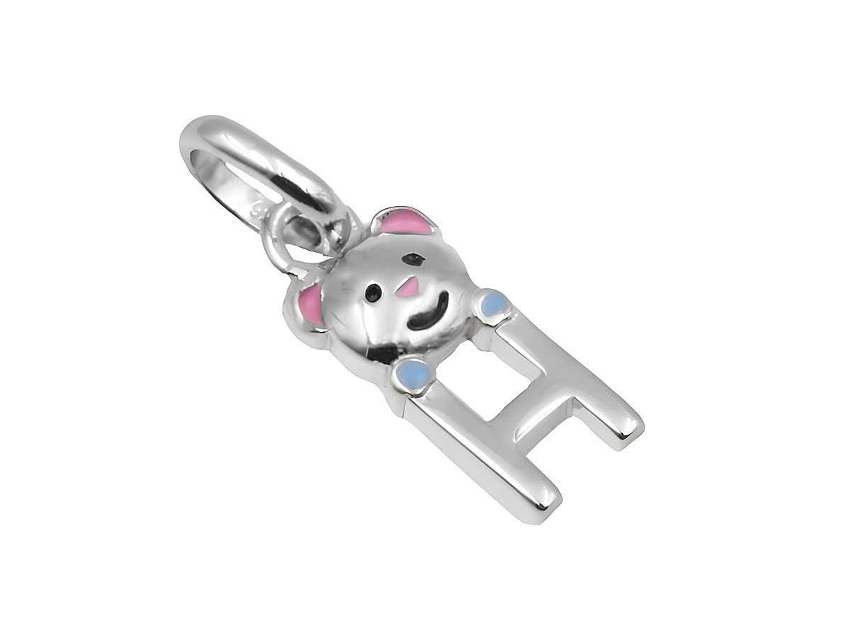 Teddy Anhänger in Form des Buchstabens H aus 925 Sterling Silber, poliert und rhodiniert, mit einer fröhlichen Gesichtsgestaltung und bunten Akzenten, hergestellt von Juwelier Harnisch.