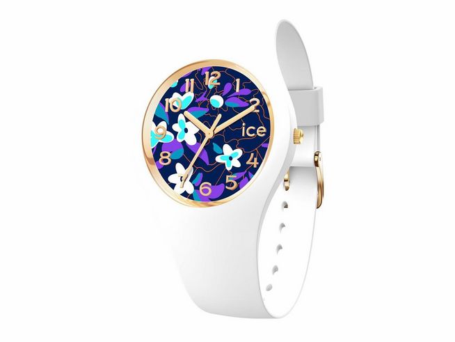 Die Ice Watch ICE flower in lila präsentiert sich mit einem bunten Zifferblatt, blühenden Motiven und goldenen Akzenten, eingefasst in einem weißen Gehäuse und Band, klein, Modell 021734.