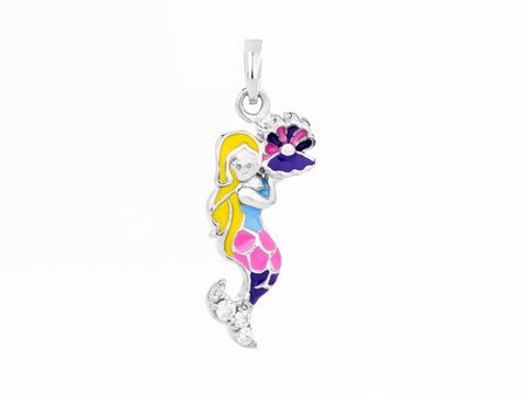 Meerjungfrau Anhänger mit buntem Lack, Zirkonia in Weiß und rhodiniertem Silber, Hersteller Juwelier Harnisch, maritimes Design für Seefahrtliebhaber.