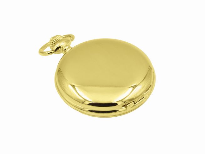 Eichmüller Taschenuhr aus Edelstahl mit Deckel in vergoldetem und poliertem Gelbgold, ausgestattet mit Mineralglas und einem Durchmesser von 6,5 cm, hergestellt von Juwelier Harnisch.