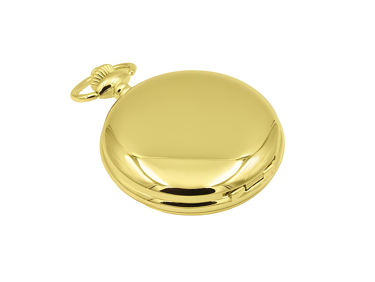 Eichmüller Taschenuhr aus Edelstahl mit Deckel in vergoldetem und poliertem Gelbgold, ausgestattet mit Mineralglas und einem Durchmesser von 6,5 cm, hergestellt von Juwelier Harnisch. – Ansicht 2