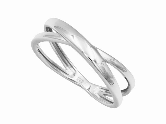 303581-0 Ring über Kreuz aus rhodiniertem Sterling Silber in Größe 58, hergestellt von Juwelier Harnisch, elegant mit einem modernen Design und glänzender Oberfläche.