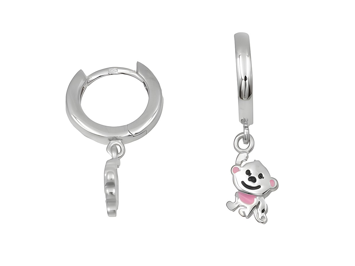 Creolen mit Hänger Äffchen aus 925 Sterling Silber, poliert und rhodiniert, für Kinder, hergestellt von Juwelier Harnisch, verspielt und farbenfroh.