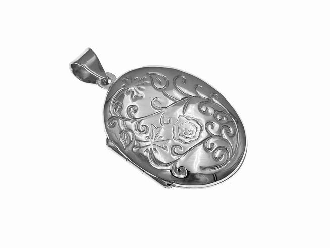 30353-0 Silber Medaillon in ovaler Form mit filigranem Blumen Muster, Hersteller Juwelier Harnisch. Elegantes Design, ideal für persönliche Schmuckstücke oder Geschenkideen.