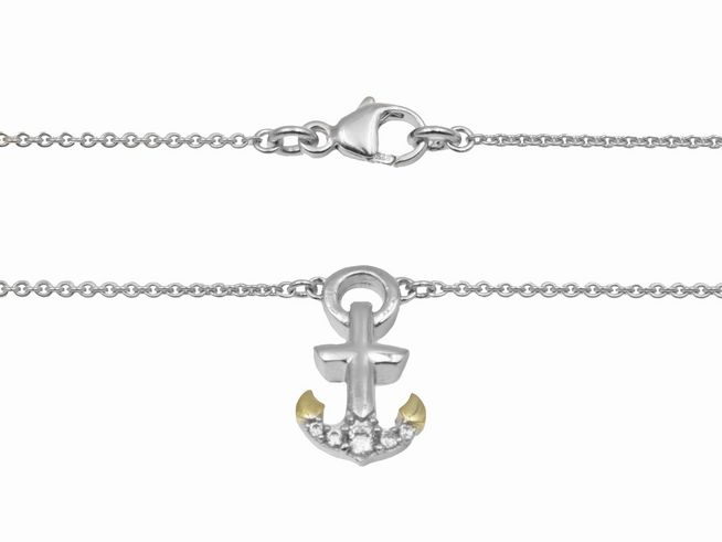 303387-0 Kette mit Anhänger in Form eines Ankers aus 925 Sterling Silber, poliert und rhodiniert, mit vergoldeten Details und Zirkonia, Länge 46 cm, hergestellt von Juwelier Harnisch.