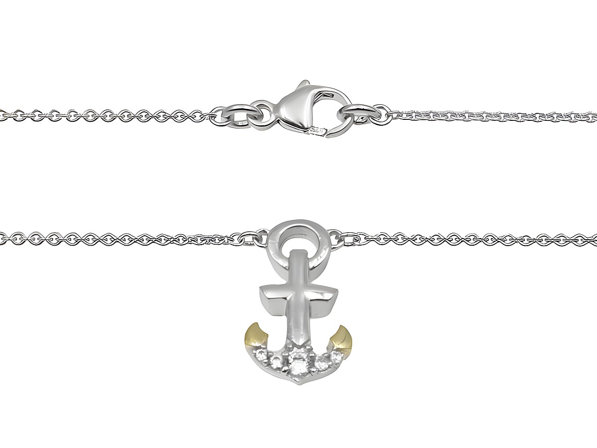 Kette mit Anhänger in Form eines Ankers aus 925 Sterling Silber, poliert und rhodiniert, mit vergoldeten Details und Zirkonia, Länge 46 cm, hergestellt von Juwelier Harnisch.