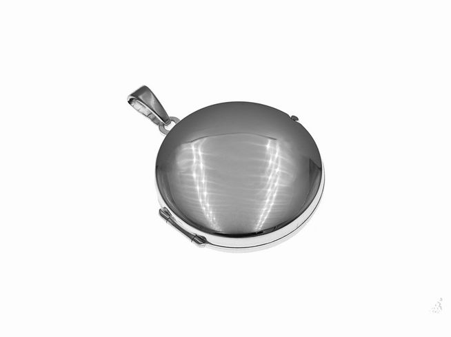 Silber Medaillon rund rhodiniert von Juwelier Harnisch, glänzende Oberfläche, ideal als Schmuckstück oder Geschenk. Der Anhänger wirkt edel und zeitlos.