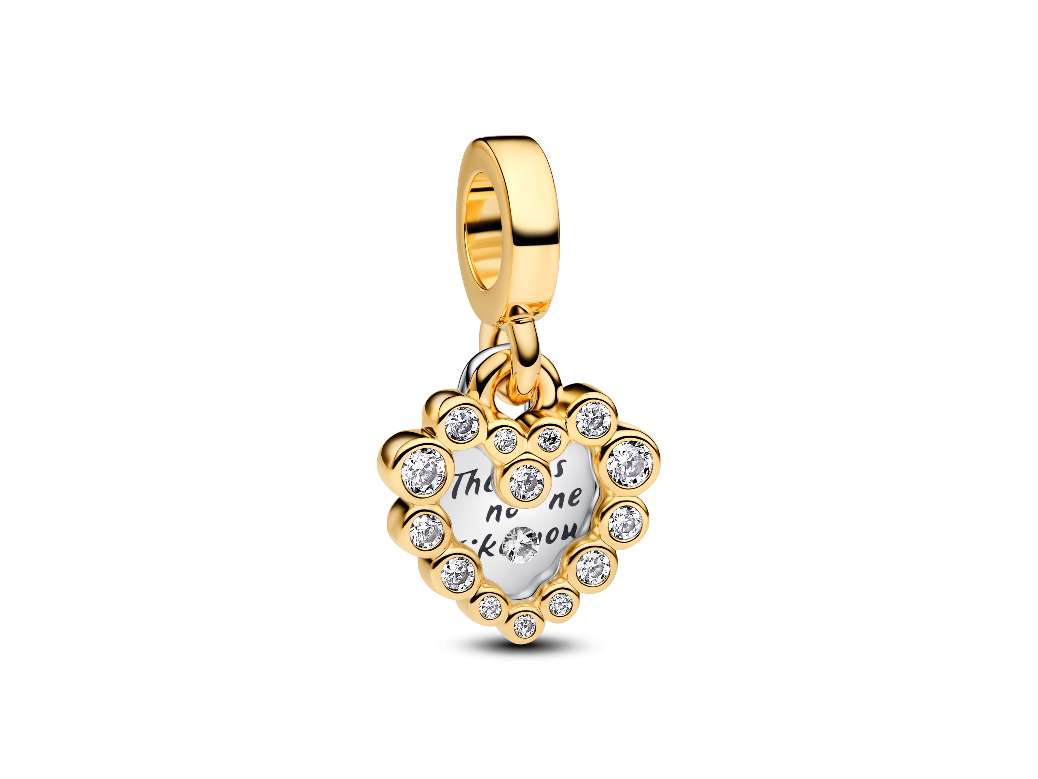 Charm von Pandora in Herzform aus Sterling Silber mit Gelbgold Vergoldung, verziert mit Zirkonia, zeigt die Aufschrift "There is no one like you".