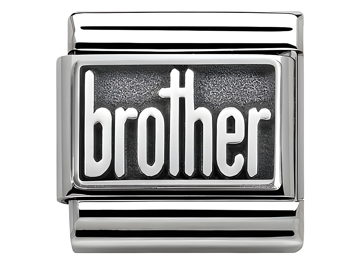 Classic Edelstahl und Silber Nomination Charm mit dem Schriftzug brother in stilvollem Design von Hersteller Nomination. Ideal als Geschenk für Geschwister oder Freunde.