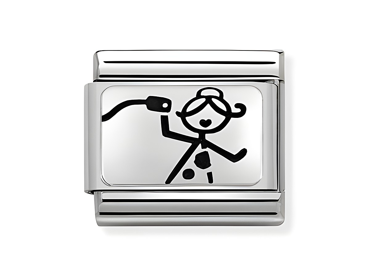 Oxidierte Edelstahlplakette in Silber mit einer minimalistischen Zeichnung eines Mädchens, das mit einer Farbrolle malt, Teil der Composable Classic Kollektion von Nomination.