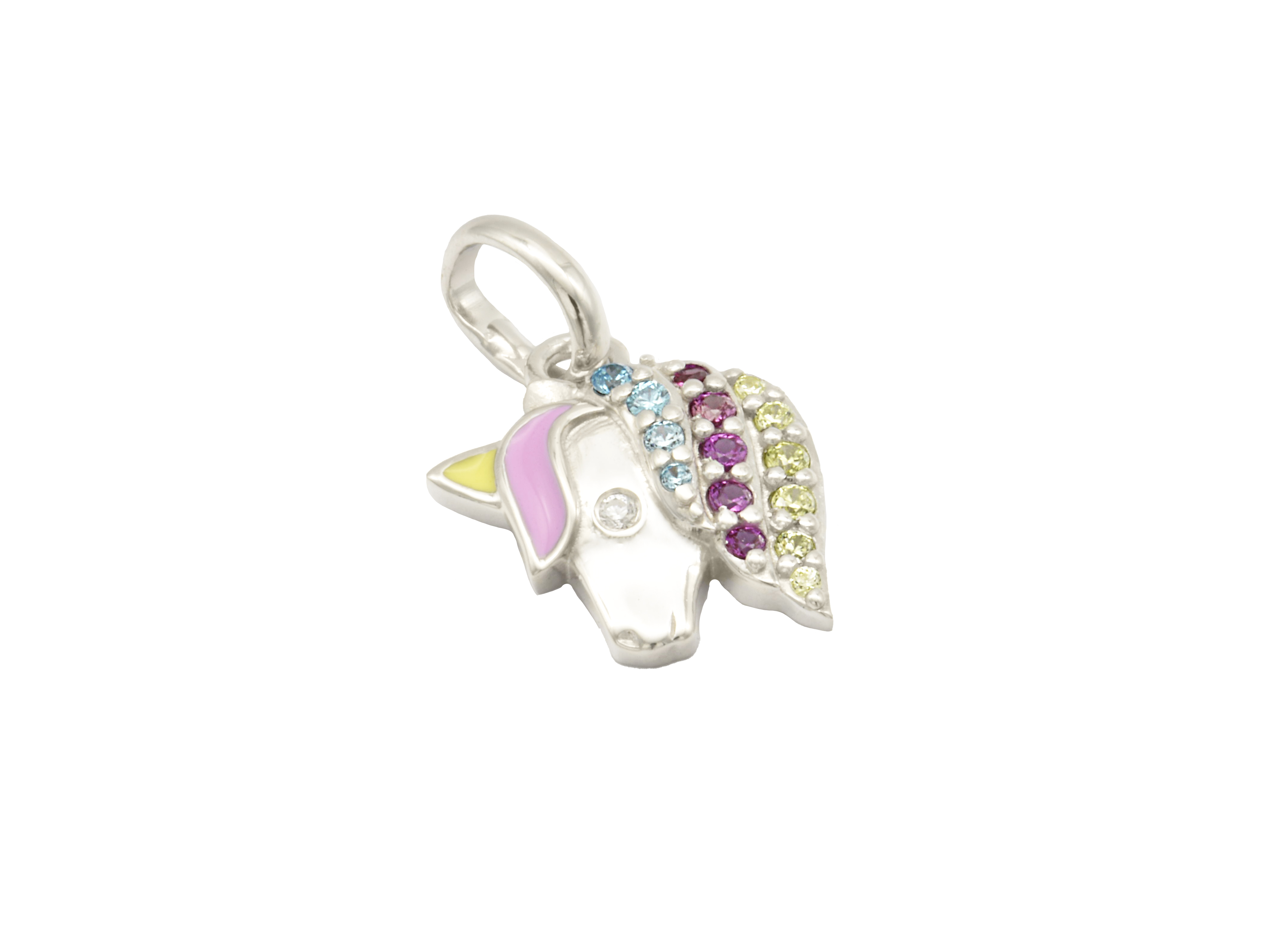 Ein charmantes Einhornkopf-Anhänger für Kinder, gefertigt aus rhodiniertem Sterling Silber 925, geschmückt mit bunten Zirkonia und Lackdetails in pink und gelb.