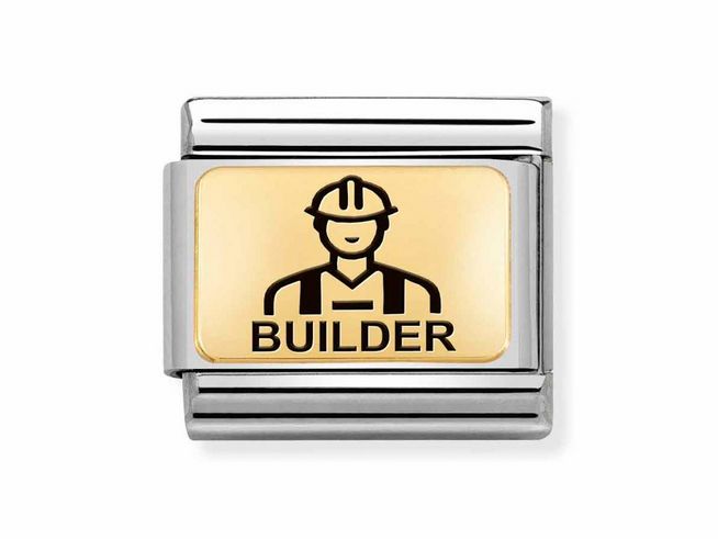 Edelstahl und Gold 585 Charm von Nomination mit emaillierter Darstellung eines Bauarbeiters und der Aufschrift BUILDER, geeignet für eine stilvolle Armbanduhr oder ein Armband.