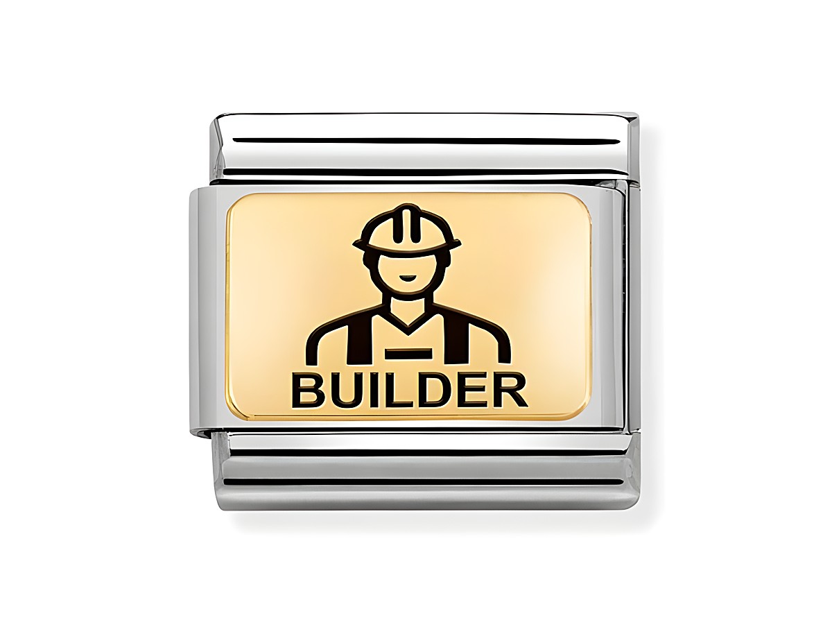 Edelstahl und Gold 585 Charm von Nomination mit emaillierter Darstellung eines Bauarbeiters und der Aufschrift BUILDER, geeignet für eine stilvolle Armbanduhr oder ein Armband.