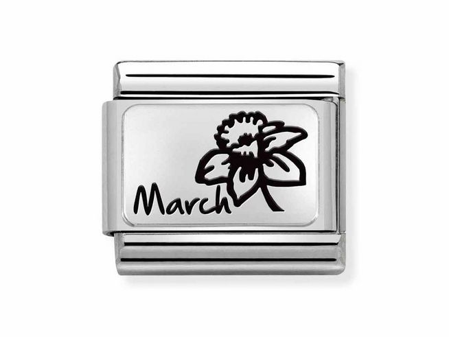 Charm aus Edelstahl und Sterling Silber mit einer Darstellung einer Blume und der Aufschrift März, passend zu den Monatsblumen und dem Sternzeichen für den Monat März.