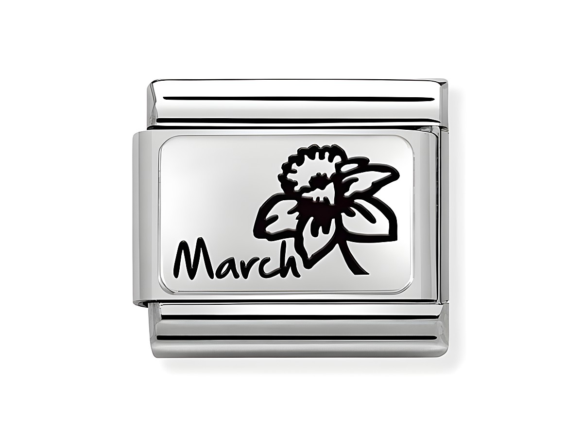 Charm aus Edelstahl und Sterling Silber mit einer Darstellung einer Blume und der Aufschrift März, passend zu den Monatsblumen und dem Sternzeichen für den Monat März.