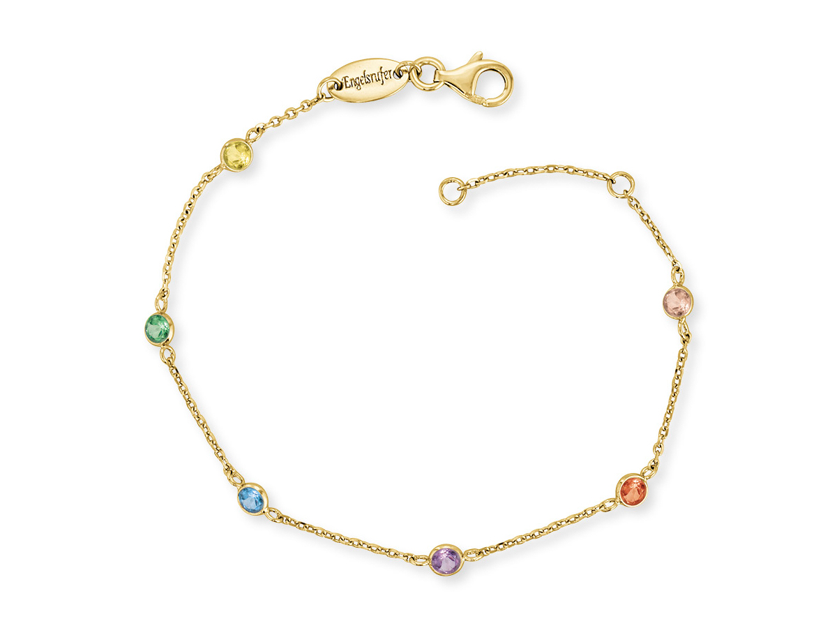 Das Bild zeigt ein filigranes Armband von Engelsrufer in Gelbgold Vergoldung mit mehrfarbigen Zirkonia-Steinen. Die Kette hat eine Länge von 17 cm und einen praktischen Karabinerverschluss.