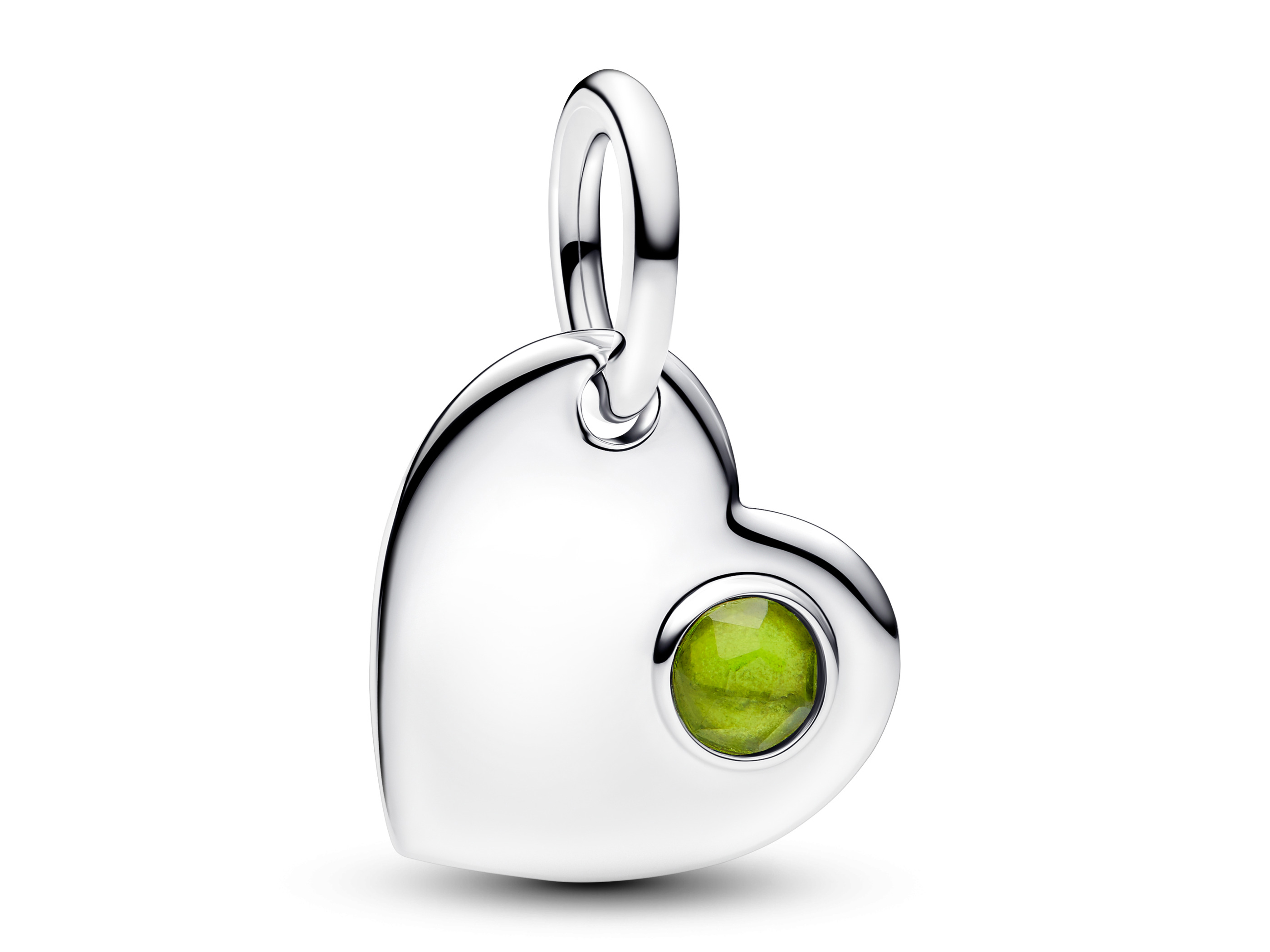 Silberner Herzanhänger von Pandora mit einem runden, hellgrünen Kristall. Der Charm ist gravierbar und zeigt eine glänzende, glatte Oberfläche für eleganten Schmuck.