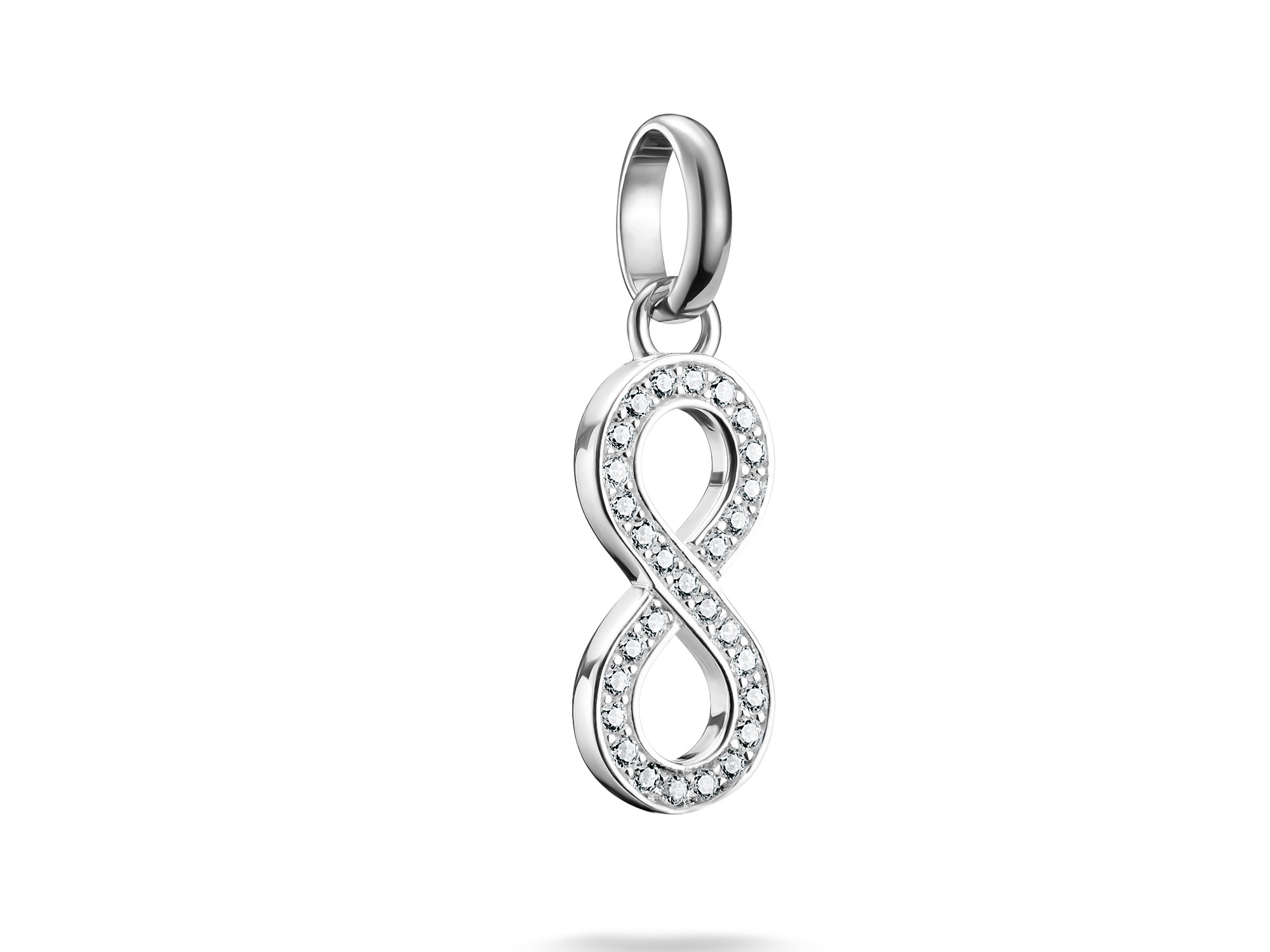 Silbernes Infinity Zeichen Charm mit Öse von Thomas Sabo, besetzt mit Zirkonia, Teil der Charm Club CONNECT Kollektion, bietet einen eleganten und zeitlosen Akzent für Schmuckliebhaber.