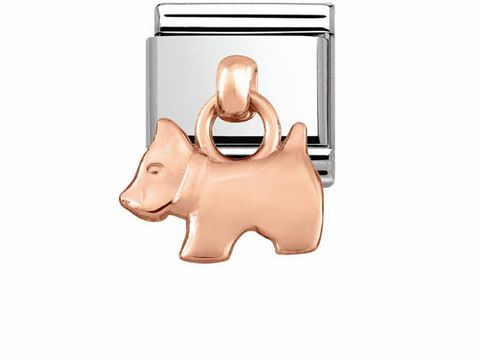 Anhängert aus Edelstahl und Roségold in Form eines Hundes, Hersteller Nomination, Modell 431800 09 CLASSIC CHARMS, geeignet für Armbänder oder Ketten.