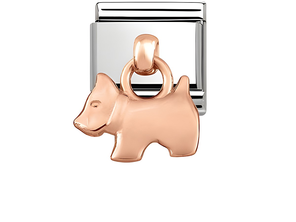 Anhängert aus Edelstahl und Roségold in Form eines Hundes, Hersteller Nomination, Modell 431800 09 CLASSIC CHARMS, geeignet für Armbänder oder Ketten.