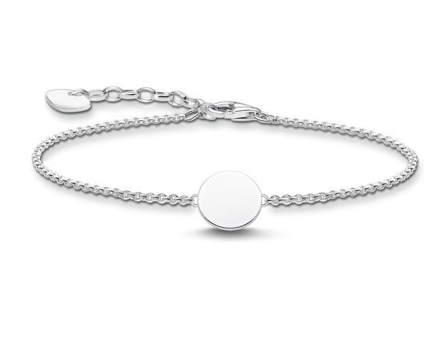 Silbernes Gravurarmband von Thomas Sabo, Modell A2043-001-21-L19V, mit runder, gravierbarer Fläche und verlängerbarem Verschluss, ideal für persönliche Gravuren. Längenverstellbar von 16 bis 19 cm.