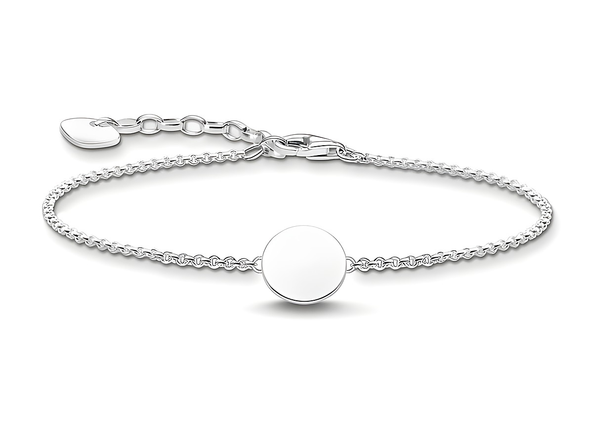 Silbernes Gravurarmband von Thomas Sabo, Modell A2043-001-21-L19V, mit runder, gravierbarer Fläche und verlängerbarem Verschluss, ideal für persönliche Gravuren. Längenverstellbar von 16 bis 19 cm.