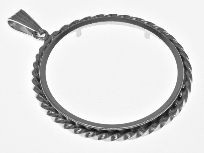 Münzfassung Anhänger aus echt Silber, rhodiniert, mit Kordel und einem Durchmesser von 32,9 mm, geeignet für Münzen bis 3,5 cm, Hersteller Juwelier Harnisch.