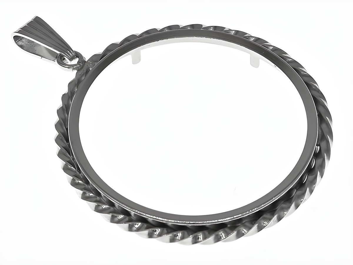 Münzfassung Anhänger aus echt Silber, rhodiniert, mit Kordel und einem Durchmesser von 32,9 mm, geeignet für Münzen bis 3,5 cm, Hersteller Juwelier Harnisch.