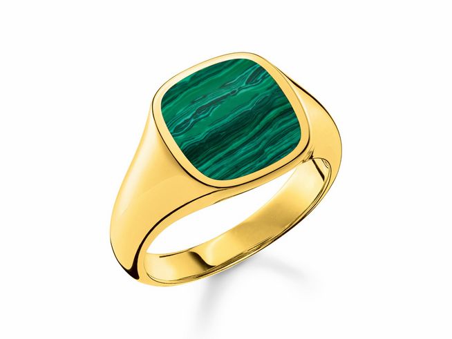 Ring aus Sterling Silber vergoldet mit einem rechteckigen, imitierten Malachitstein in der Mitte. Der Ring hat eine glänzende Oberfläche und eine modische, zeitlose Form in Größe 62.
