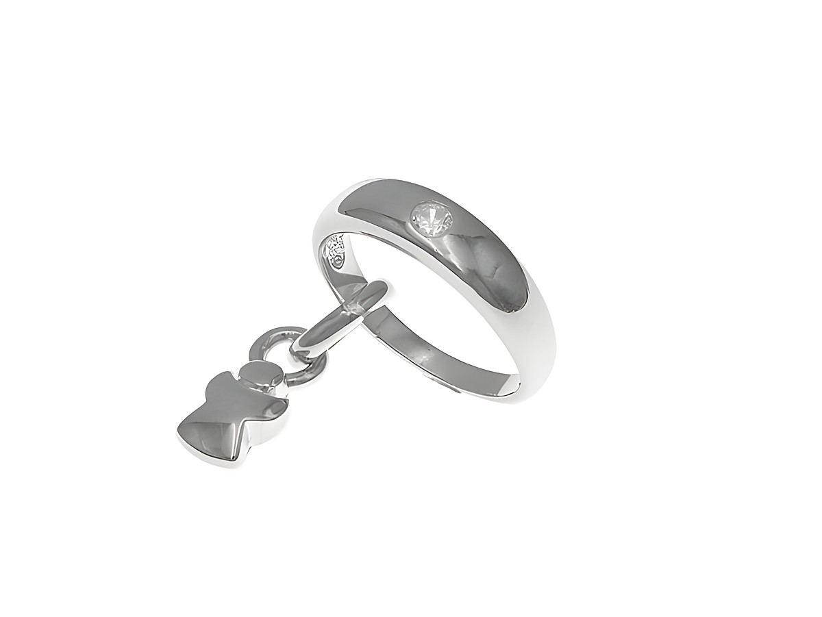 Taufring mit Schutzengel aus rhodiniertem Sterlingsilber, poliert, mit Zirkonia und einem Anhänger in Engel-Form, hergestellt von Juwelier Harnisch, elegant und schützend.