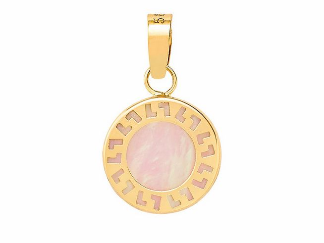 Gelbgold 585 Anhänger von Xenox, poliert, mit einer runden Form und einem mittigen weißen Stein sowie einem dekorativen Rand in rosa und gold. Ideal als Schmuckstück für besondere Anlässe.