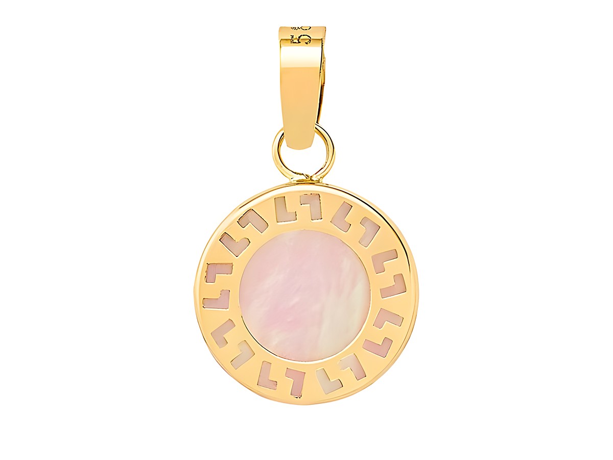 Gelbgold 585 Anhänger von Xenox, poliert, mit einer runden Form und einem mittigen weißen Stein sowie einem dekorativen Rand in rosa und gold. Ideal als Schmuckstück für besondere Anlässe.